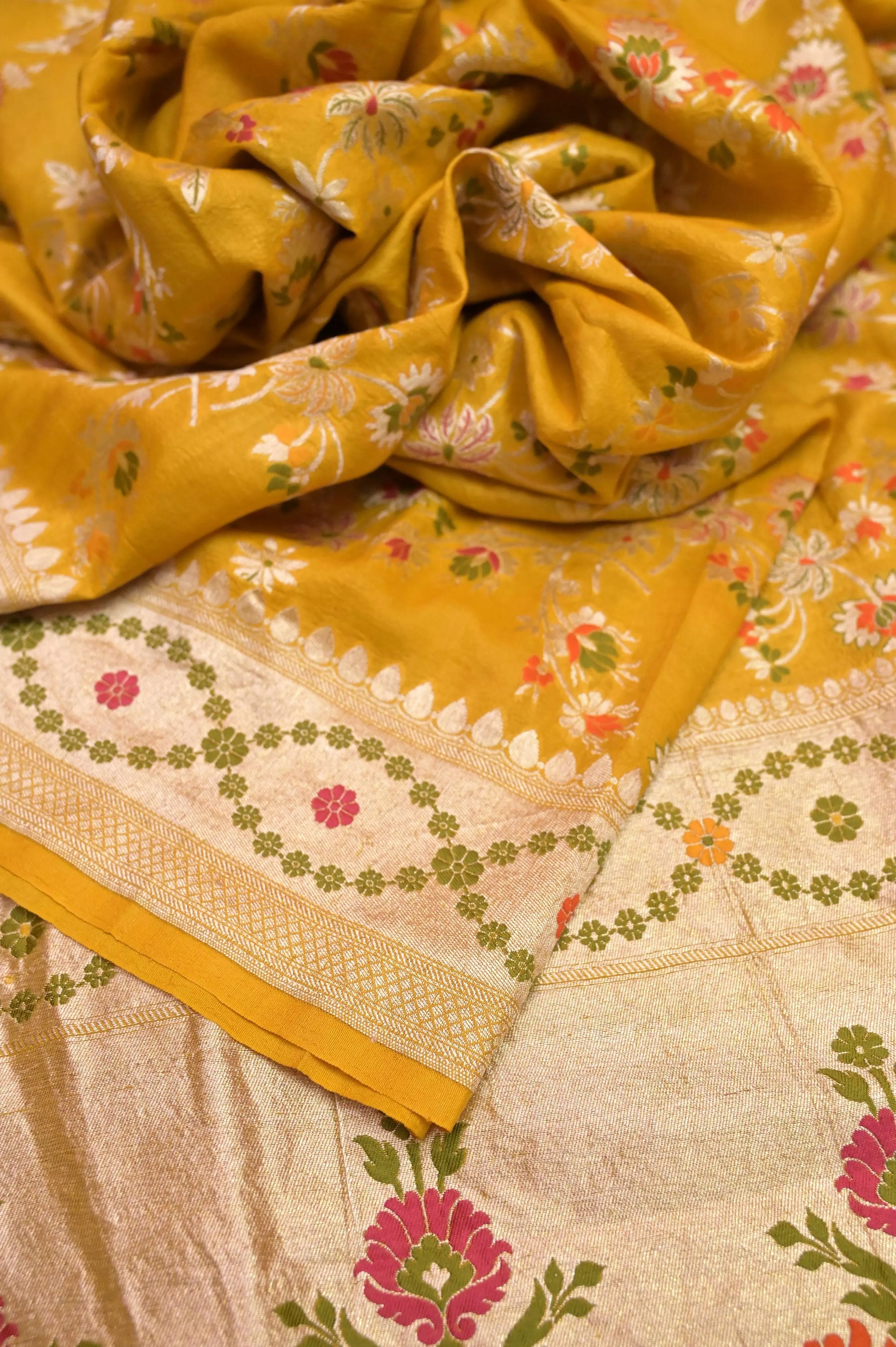 Yellow Color Tussar Georgette Banarasi Saree with Allover Jaal Meenakari Work