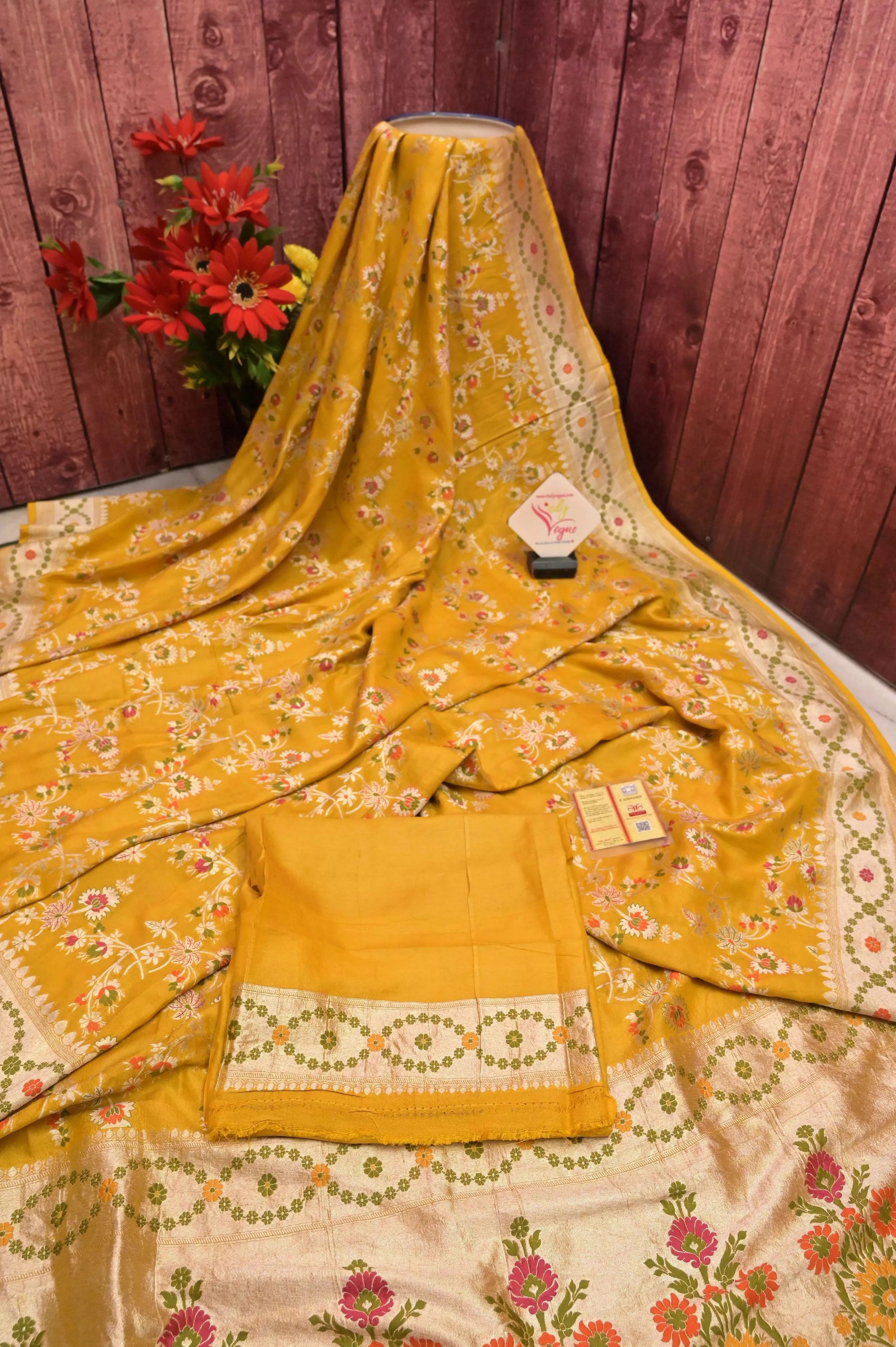 Yellow Color Tussar Georgette Banarasi Saree with Allover Jaal Meenakari Work