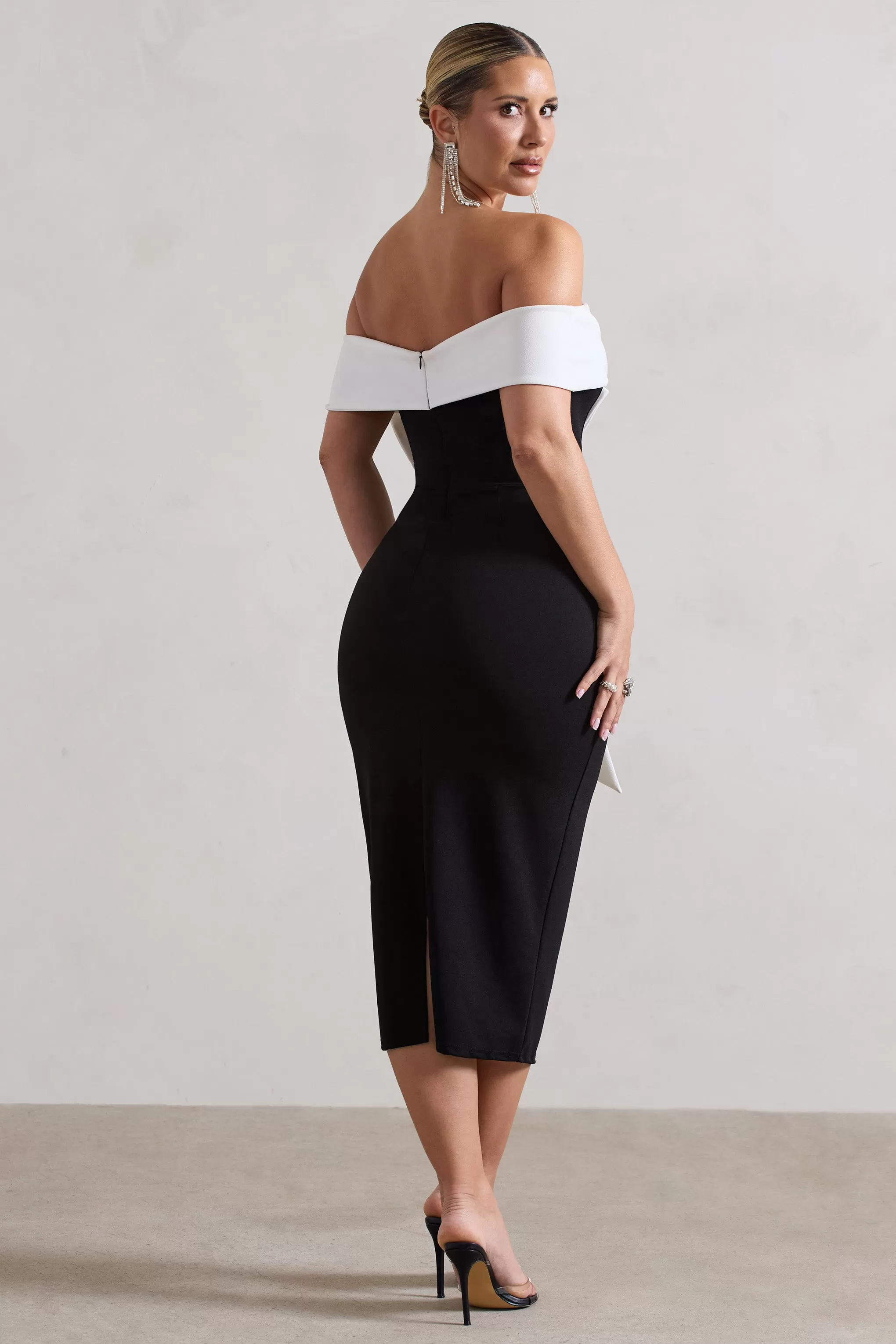 You Wish | Black Bodycon Bandeau Midi Dress With Oversized White Bow