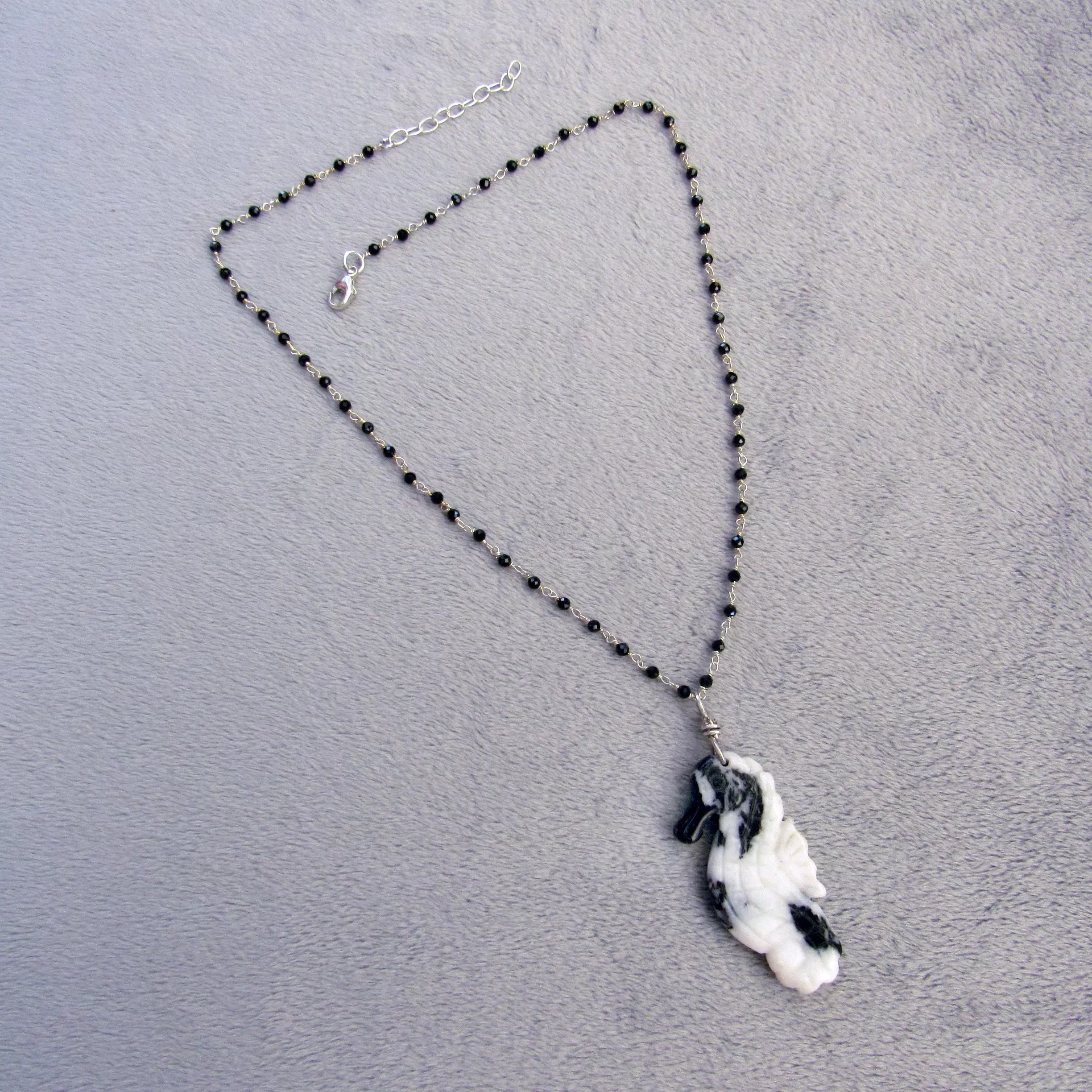 Zebra Jasper gemstone Sea Horse on Black Spinel Necklace