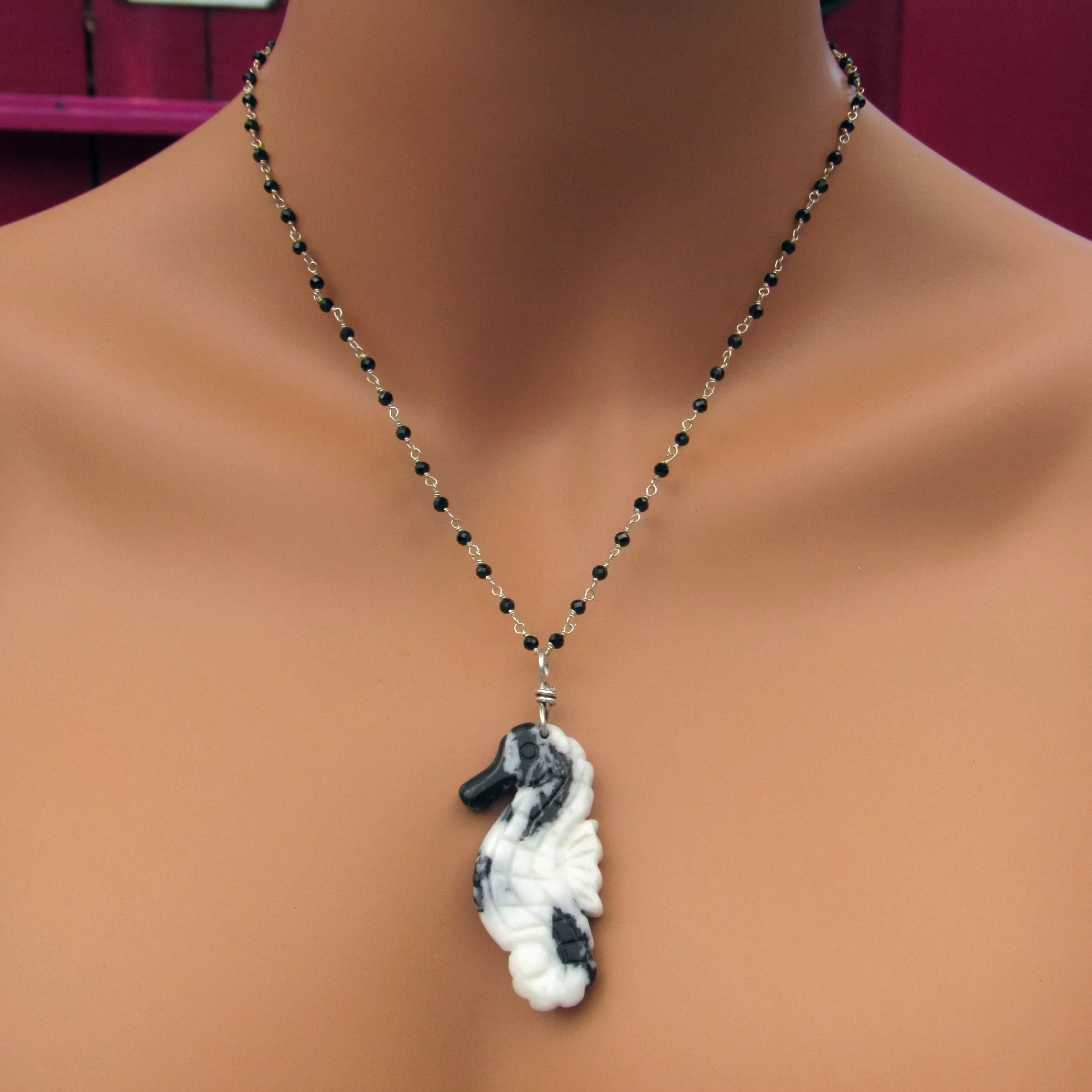 Zebra Jasper gemstone Sea Horse on Black Spinel Necklace